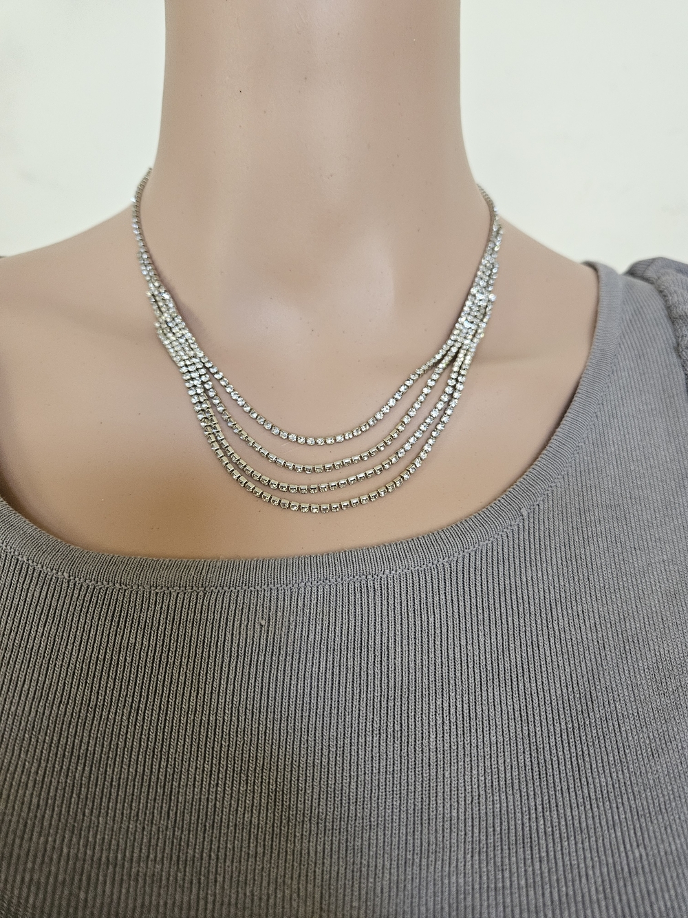 Silver Multi-Strand Rhinestone Necklace - Picture 1 of 2